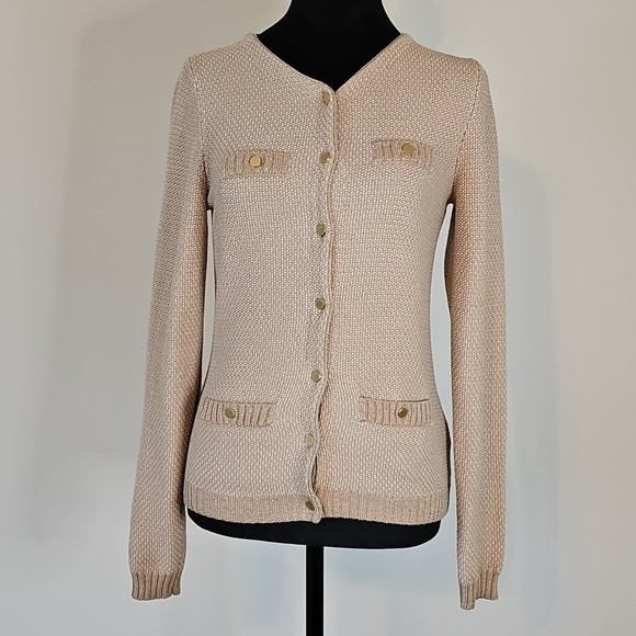 Banana Republic Sweaters - Banana Republic Cardigan Tan With Gold Weave and Gold Buttons